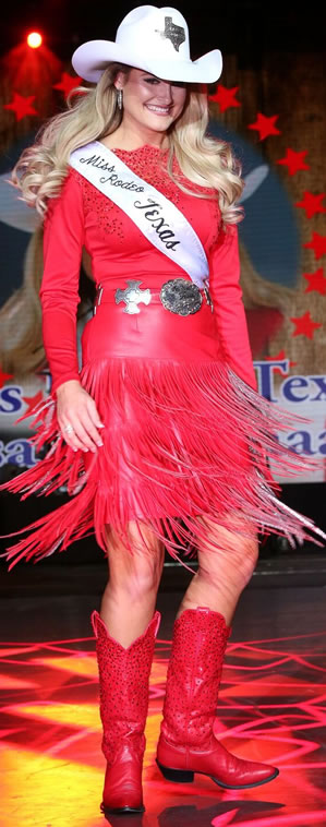 Lisa Lagaschaar, Miss Rodeo America, wearing a red fringed lambskin skirt
