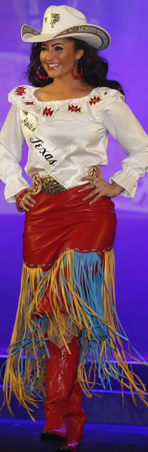 Nikki Woodward, Miss Rodeo Texas, wearing a red fringed lambskin skirt