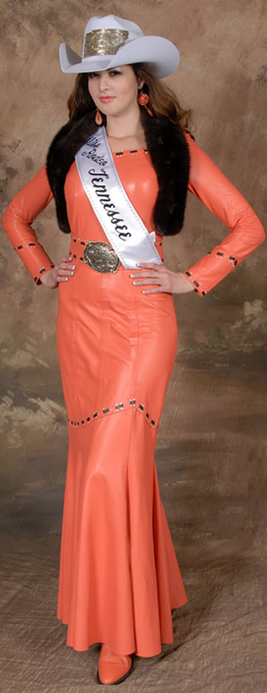Morgan Blackhurst, Miss Rodeo Tennesse, wearing a coral lambskin dress