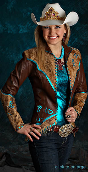 Amy Wilson, Miss Rodeo America 2008 wears a brown lamskin jacket over a turquoise metallic camisole