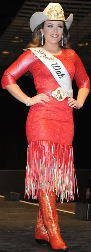 Brandi Mortensen wearing a red llambskin dress