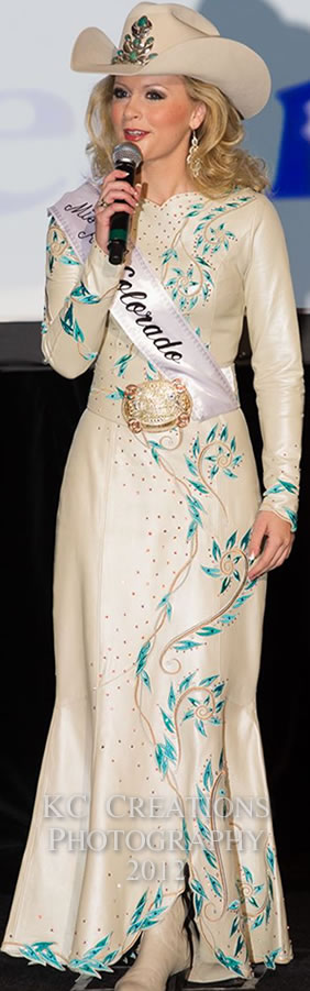 Cassidy Cabot, Miss Rodeo Colorado in an off-white pearlized lambskin dress