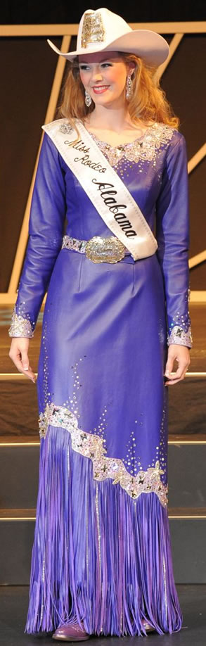 Chelsea Maness, Miss Rodeo Alabama, wearing a royal purple lambskin dress
