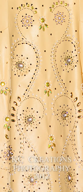 Close-up of Chenae Shiner's pearlized leather dress