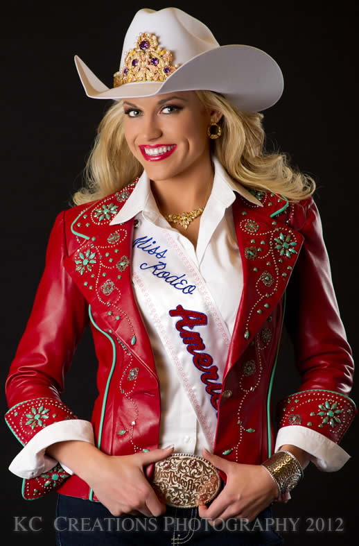 Chenae Shiner, Miss Rodeo America 2013 in a red lambskin vest