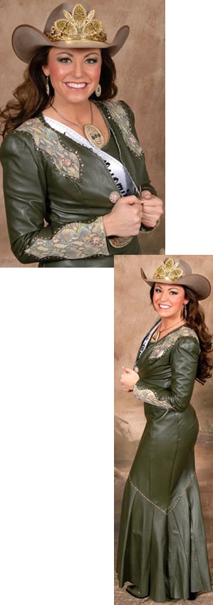 Desiree Bridges, Miss Rodeo Wyoming, in an olive lambskin suit
