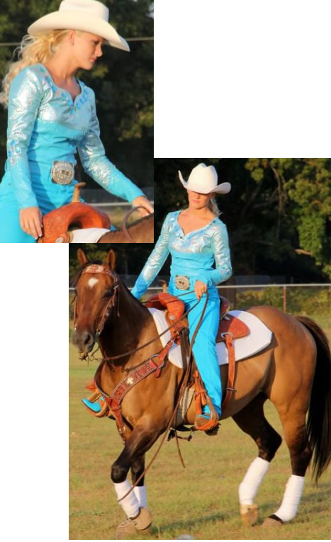Faith Smith wears a turquoise lamb shirt trimmed with silver metallic leather
