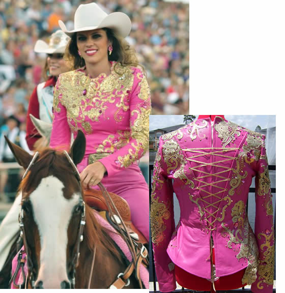 Jamie Udell wears a fuchsia lambskin shirt with gold metallic laser lace appliques.