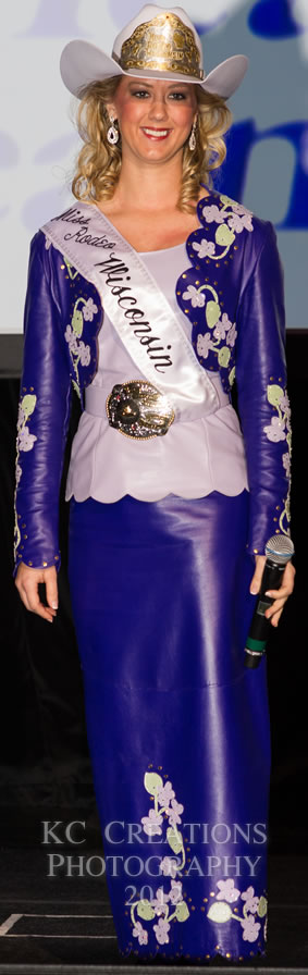 Laura Taysom, Miss Rodeo Wisconsin in a royal purple lambskin dress