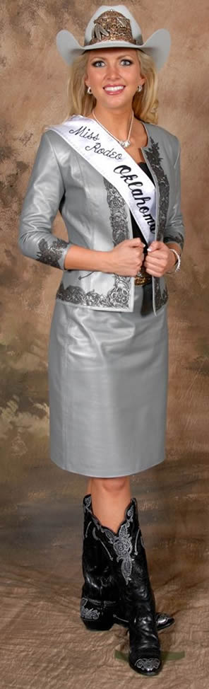 Lauren Heaton, Miss Rodeo America 2015 in a grey lambskin jacket designed by Candace Carper