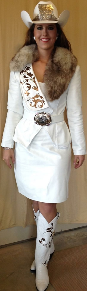 Hannah Hilsabeck, Miss Rodeo Iowa 2015, wearing a white lambskin suit