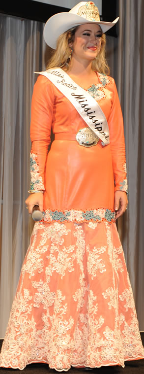 Laura Sumwall, Miss Rodeo Mississippi 2015 wearing coral lambskin dress