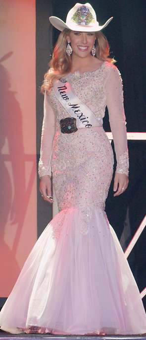 Kagan Massey, Miss Rodeo New Mexico 2015 in an soft pink lambskin dress with lace