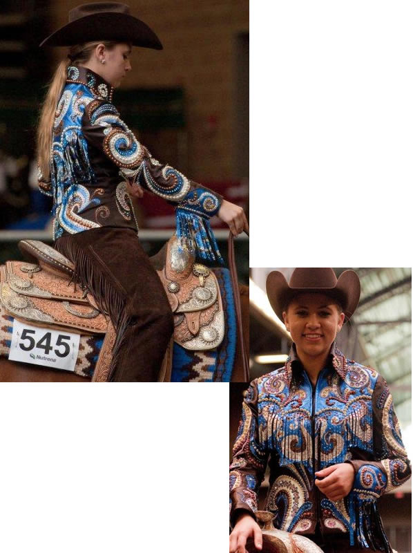 horsemanship jacket is trimmed with royal, gold, and bronze metallic leather