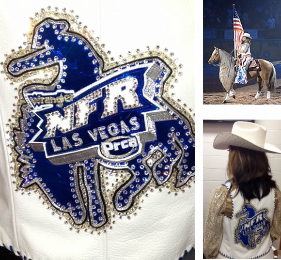 White cowhide vest with royal metallic trim worn at National Finals Rodeo 2013