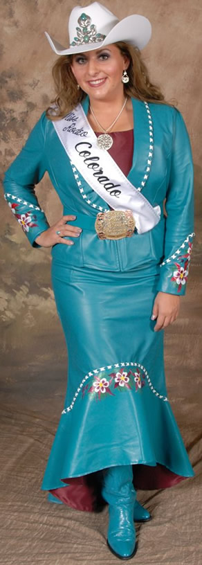 Rhianna Russell, Miss Rodeo Colorado wearing a jade lambskin suit