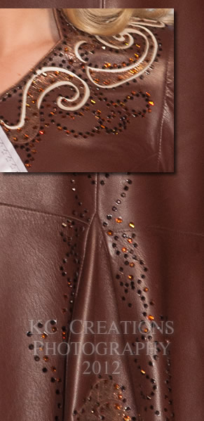 Close-up of Sierra Peterson's brown lambskin dress