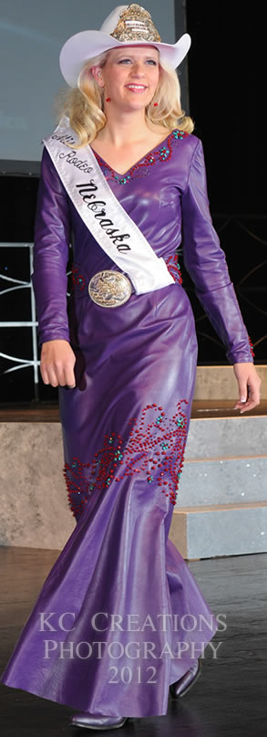 Miss Rodeo Nebraska 2013, Sierra Peterson wears a purple lambskin dress