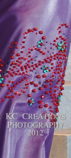 Close-up of Sierra Peterson's purple lambskin dress