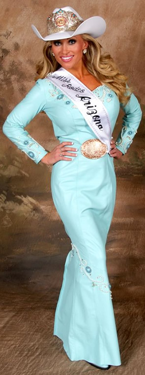 Taci Shaffer, Miss Rodeo Arizona, wearing a robin's egg blue lambskin dress